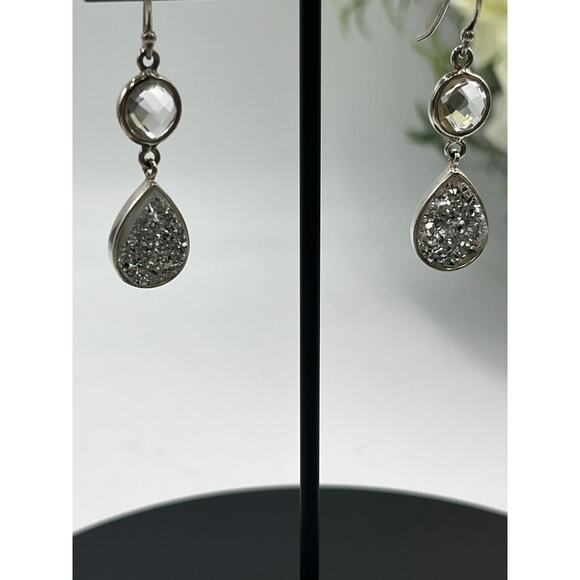 Vintage Sterling Silver 925 Titanium Druzy Clear Rock Quartz Dangle Earrings - Picture 2 of 9